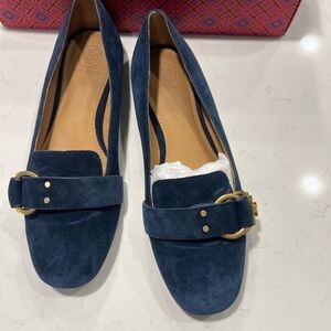 Tory Burch Blue Suede Loafers with Gold Buckle
